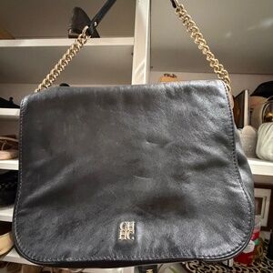 CH Carolina Herrera Black Leather Shoulder Bag w/ Gold Chain Strap + Dust Bag